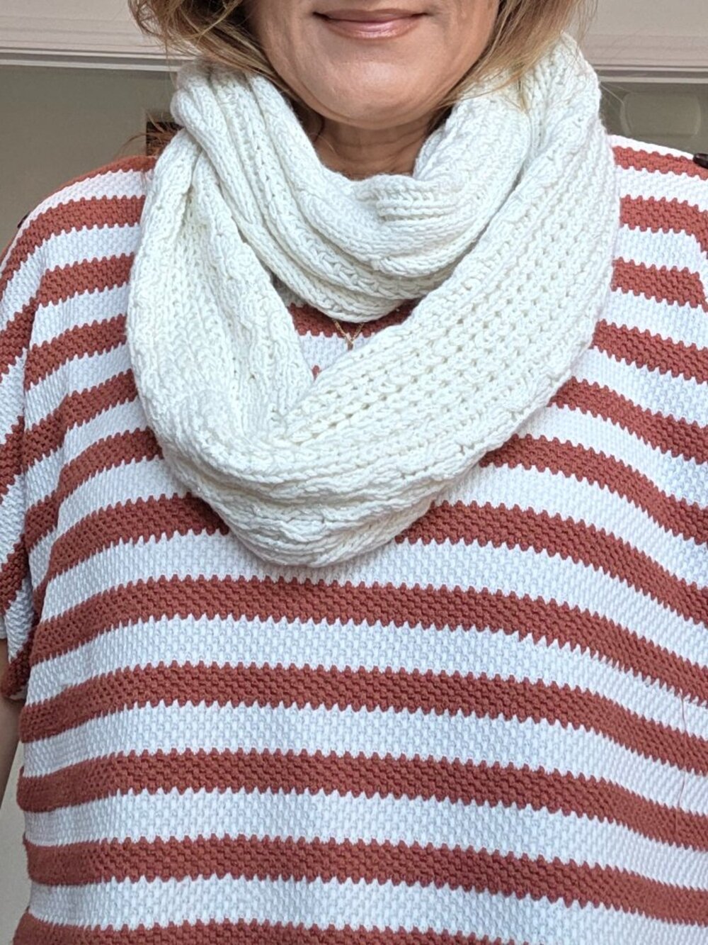 Thick white knit infinity scarf with tiny silver flecks